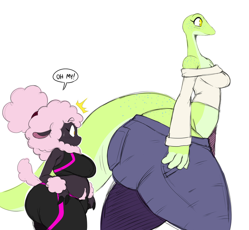 2018 anthro belly big_butt biped bra breasts butt caprine clothed clothing crop_top dialogue digital_media_(artwork) duo english_text female hair hi_res huge_butt joy_(sssonic2) lizard mammal midriff pink_hair reptile scalie sheep sheep_mom shirt simple_background slightly_chubby sports_bra sssonic2 text thick_thighs underwear voluptuous white_background yellow_eyes