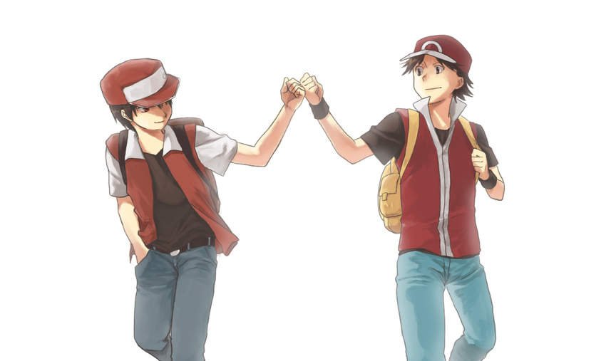 baseball_cap crossover dual_persona fist_bump hat multiple_boys pokemon pokemon_(game) pokemon_frlg pokemon_rgby red_(pokemon) red_(pokemon_frlg) red_(pokemon_rgby) short_hair source_request