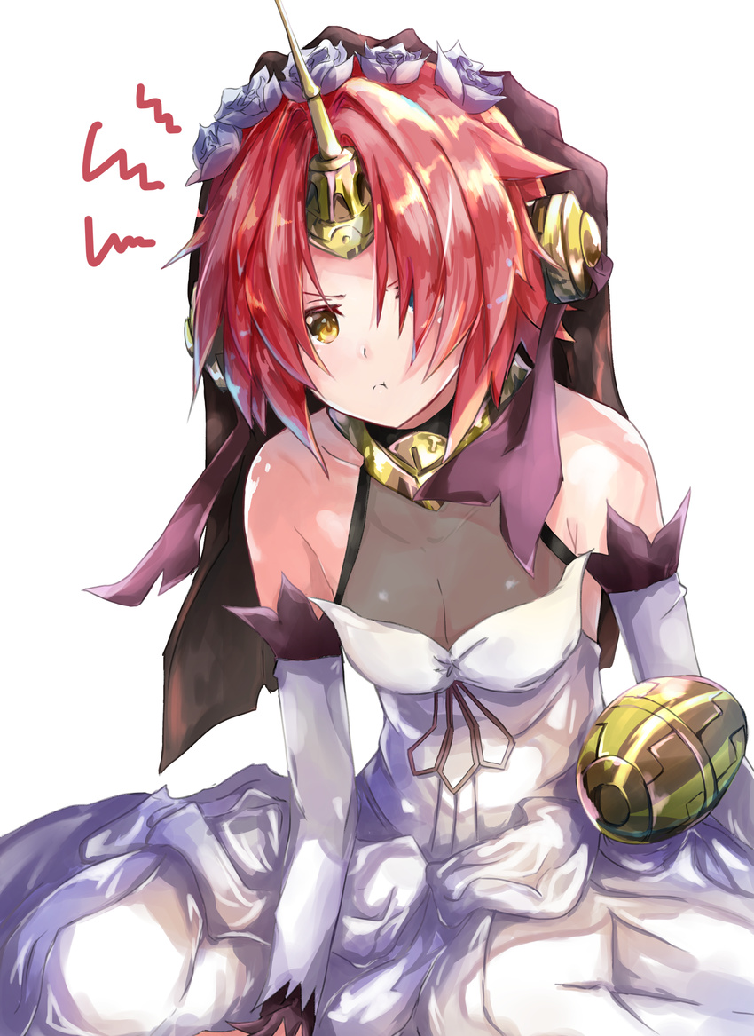 :t absurdres bare_shoulders blue_eyes blush breasts cleavage collarbone detached_sleeves fate/apocrypha fate/grand_order fate_(series) flower frankenstein's_monster_(fate) hair_flower hair_ornament heterochromia highres horn medium_breasts pink_hair short_hair sitting solo v-shaped_eyebrows white_background yellow_eyes yokozuwari yossui