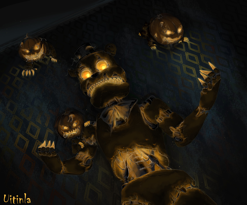 animatronic anthro bear claws five_nights_at_freddy's five_nights_at_freddy's_4 food freddy_(fnaf) fruit glowing glowing_eyes group halloween hat hi_res holidays jack-o'-lantern machine male mammal monster pumpkin robot sharp_teeth teeth uitinla video_games wire yellow_eyes