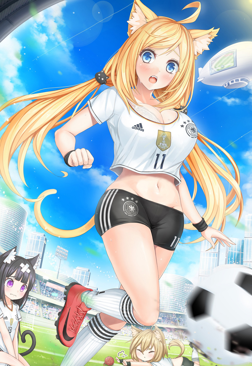 3girls adidas ahoge aircraft animal_ears ball bandaid bike_shorts black_hair blimp blonde_hair blue_eyes blue_sky blush bra breasts brown_hair cat_ears cat_girl cat_hair_ornament cat_tail chibi chibi_inset cleavage crop_top crossed_bandaids day dirigible fallen_down fang fifa german germany groin hair_ornament highres kneehighs large_breasts long_hair low_twintails multiple_girls navel nike open_mouth original purple_eyes seiza sitting sky soccer soccer_ball soccer_field soccer_uniform solo_focus sportswear strap_gap sunimu sweat sweatband tail tears translated twintails underwear wardrobe_malfunction white_bra world_cup wristband yarn yarn_ball