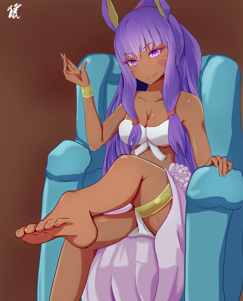 1girl armchair barefoot cleavage dark_skin fate/grand_order feet long_hair looking_at_viewer nitocris_(fate/grand_order) one_leg_raised pov pov_feet purple_eyes purple_hair sitting smile soles toes