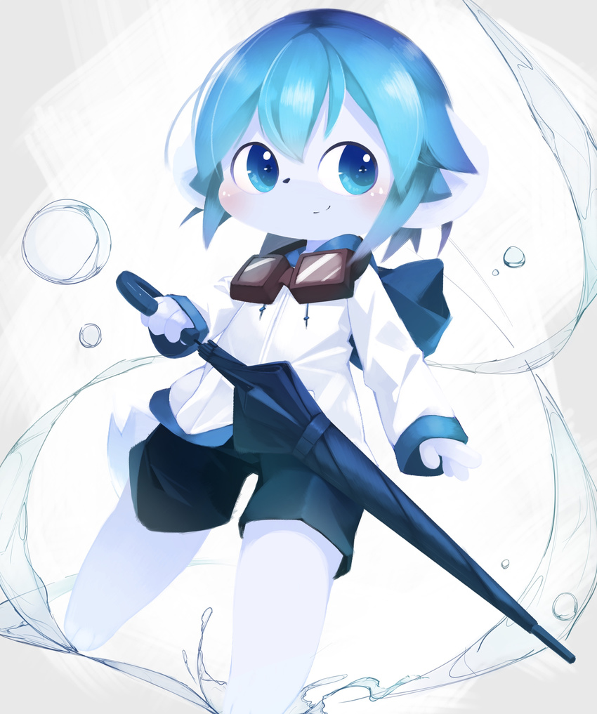 &lt;3 2018 absurd_res anthro aoino black_nose blue_eyes blue_hair blush clothed clothing cub cute digital_media_(artwork) eyewear fully_clothed fur goggles hair happy hi_res holding_object hoodie kemono male mammal short_hair shorts simple_background smile solo standing umbrella water water_drop white_background white_fur young