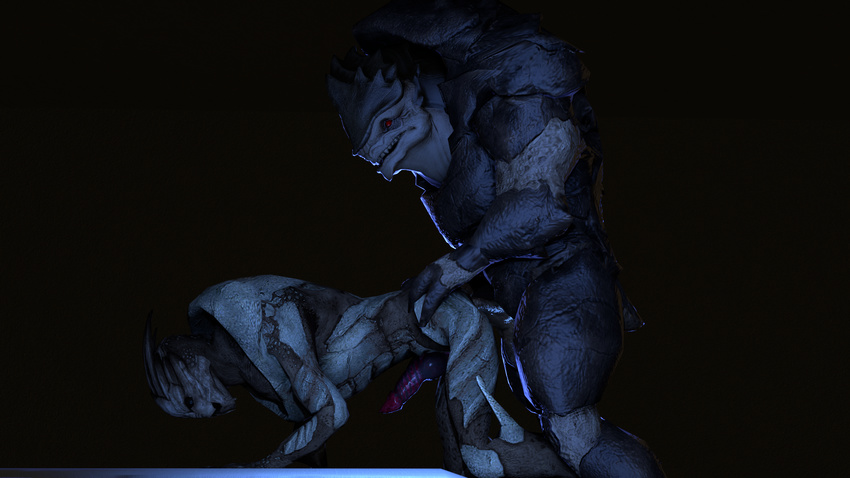 2017 3d_(artwork) absurd_res alien all_fours anal anal_penetration animal_genitalia anthro bioware digital_media_(artwork) doggystyle duo erection from_behind_position hadronighini hi_res humanoid krogan male male/male male_penetrating mass_effect not_furry nude open_mouth penetration penis sex simple_background source_filmmaker turian video_games
