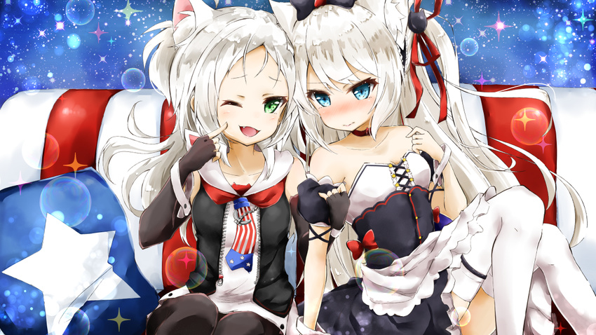 ;d american_flag animal_ears apron azur_lane blue_eyes blush bow cat_ears choker commentary detached_sleeves green_eyes hair_bow hair_ribbon hammann_(azur_lane) hyakka_onibi long_hair looking_at_viewer multiple_girls one_eye_closed open_mouth remodel_(azur_lane) ribbon sims_(azur_lane) sitting smile two_side_up white_hair