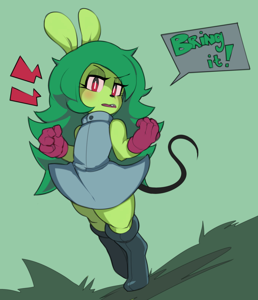 2018 4_fingers angry_face anthro blush boots captainkirb cartoon_network clenched_fists clothed clothing cute eyelashes female fink_(ok_k.o.!_let's_be_heroes) footwear frown fur gloves green_fur green_hair hair hi_res lab_coat looking_at_viewer mammal mouse ok_k.o.!_let's_be_heroes open_mouth pink_sclera pose red_eyes rodent simple_background sleeveless solo standing villainous