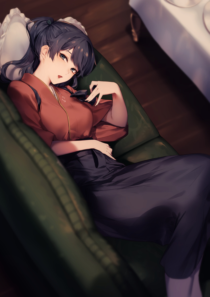 1girl arm_across_waist bangs black_hair blue_hakama blush breasts hair_ribbon hakama half-closed_eyes hand_up highres houshou_(kantai_collection) indoors japanese_clothes kantai_collection kimono kyouya_(mukuro238) long_hair lounge lying medium_breasts on_side open_mouth pantyhose pillow ponytail red_kimono ribbon sidelocks signature solo tabi tasuki white_background