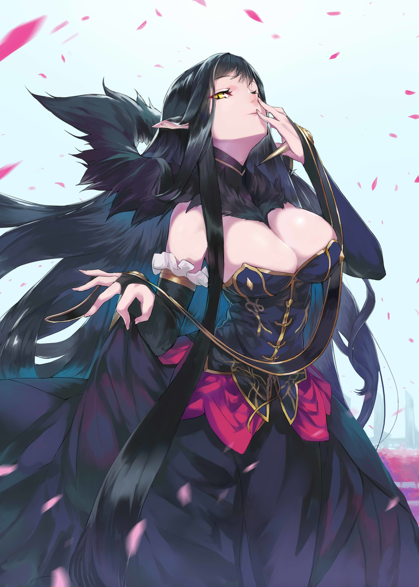 absurdres bangs bare_shoulders black_dress black_hair breasts cleavage commentary_request detached_sleeves dress elbow_gloves fate/apocrypha fate_(series) fingerless_gloves fur_trim gloves hand_on_own_face highres large_breasts long_hair looking_at_viewer ohland parted_lips petals pointy_ears semiramis_(fate) skirt_hold solo standing very_long_hair yellow_eyes