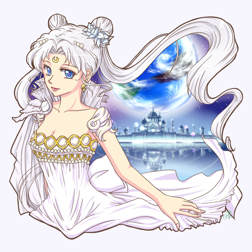 bangs bare_shoulders bishoujo_senshi_sailor_moon blue_eyes breasts castle cleavage collarbone crescent dress earrings facial_mark flower forehead_mark hair_flower hair_ornament hairpin highres jewelry long_hair looking_at_viewer medium_breasts parted_bangs planet princess_serenity seiji_(hanjuku_pancake) solo strapless strapless_dress tsukino_usagi upper_body white_dress white_hair