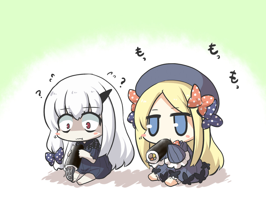 :t abigail_williams_(fate/grand_order) bags_under_eyes bangs barefoot black_bow black_dress black_hat blonde_hair bloomers blue_eyes blush_stickers bow bug butterfly closed_mouth commentary_request dress eating ehoumaki eyebrows_visible_through_hair fate/grand_order fate_(series) flying_sweatdrops food goma_(gomasamune) hair_between_eyes hair_bow hat highres holding holding_food horn insect lavinia_whateley_(fate/grand_order) long_hair long_sleeves looking_at_viewer makizushi multiple_girls orange_bow parted_bangs polka_dot polka_dot_bow silver_hair sitting sleeves_past_fingers sleeves_past_wrists sushi tentacles underwear very_long_hair wavy_mouth white_bloomers wide-eyed