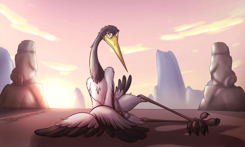 4_toes anisodactyl avian balls bassybird bassywolfeh beak biped bird claws crane detailed_background digital_drawing_(artwork) digital_media_(artwork) dreamworks feathers feral kung_fu_panda long_beak looking_at_viewer male master_crane mountain nude outside penis rock seductive semi-anthro shadow sky soft_shading solo sunset talons tapering_penis toes wings