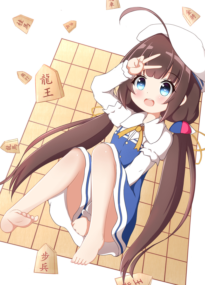 :d absurdres arm_up bangs barefoot beret blue_dress blue_eyes blush board_game brown_hair covering covering_crotch dress dress_tug eyebrows_visible_through_hair fingernails full_body hat heart heart-shaped_pupils highres hinatsuru_ai kaze_(1028594962) long_hair long_sleeves looking_at_viewer low_twintails md5_mismatch nail_polish open_mouth pink_nails ryuuou_no_oshigoto! school_uniform short_over_long_sleeves short_sleeves shougi sidelocks smile soles solo symbol-shaped_pupils toenail_polish toenails twintails upper_teeth v very_long_hair white_background white_hat