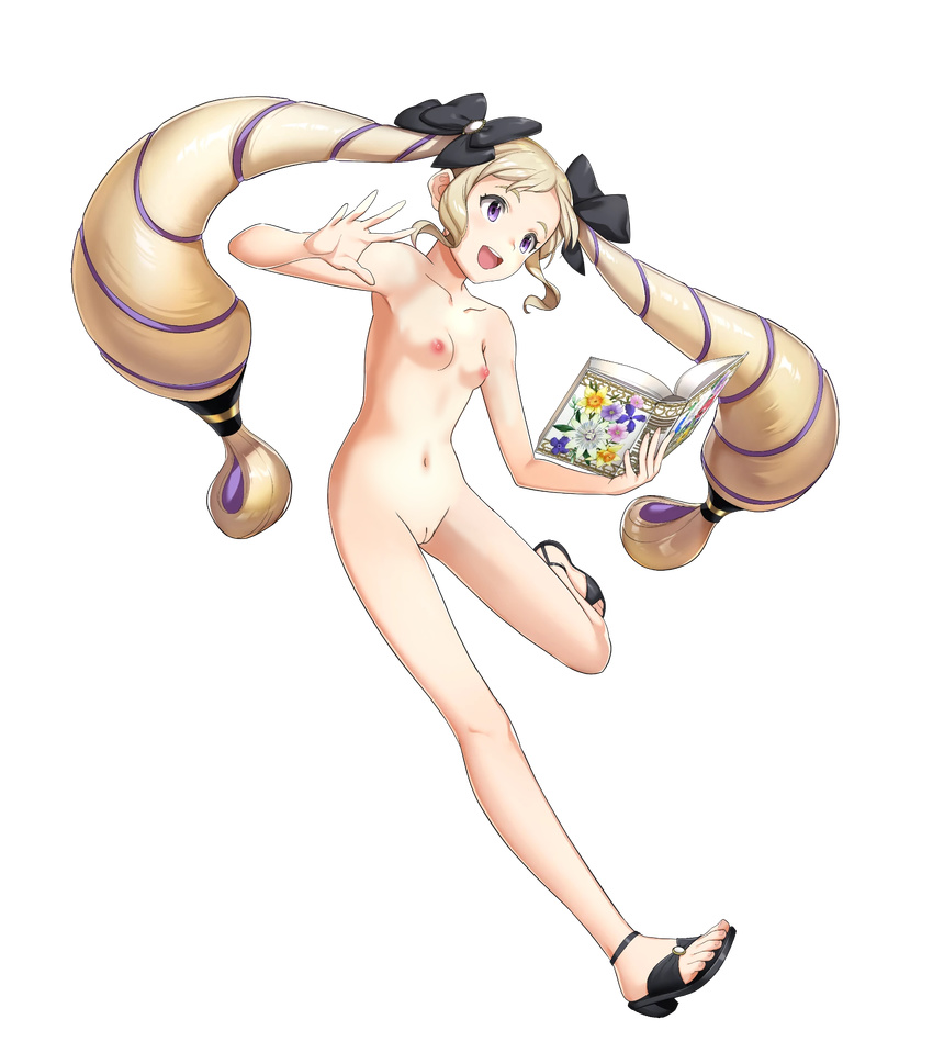 1girl bare_shoulders blonde_hair book bow breasts collarbone elise_(fire_emblem_if) fire_emblem fire_emblem_heroes fire_emblem_if flower full_body hair_bow highres holding holding_book long_hair mikurou_(nayuta) nipples nude_filter official_art one_leg_raised open_book open_mouth open_toe_shoes purple_eyes pussy shoes small_breasts solo transparent_background twintails uncensored