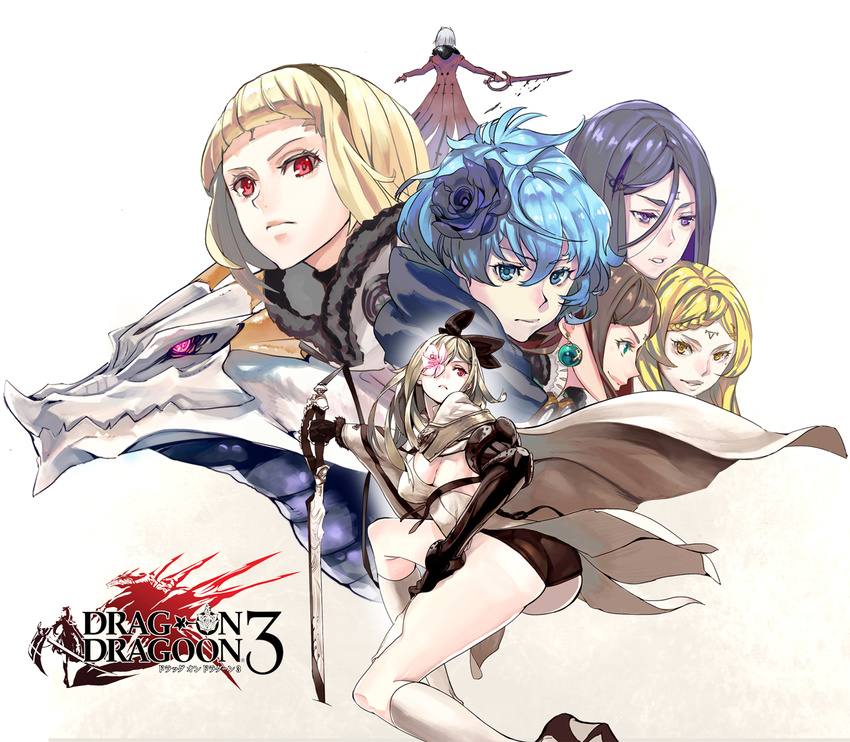 1boy 6+girls aomori_iaio armor ass bare_shoulders blonde_hair blue_hair blush breasts brother_one brown_hair cape choker detached_sleeves drag-on_dragoon drag-on_dragoon_3 dress earrings eyepatch five_(drag-on_dragoon) flower four_(drag-on_dragoon) gauntlets gloves green_eyes hairband jewelry long_hair mikhail_(drag-on_dragoon) multiple_girls one_(drag-on_dragoon) parted_lips purple_eyes purple_hair red_eyes scarf short_hair smile three_(drag-on_dragoon) twintails two_(drag-on_dragoon) white_hair yellow_eyes zero_(drag-on_dragoon)