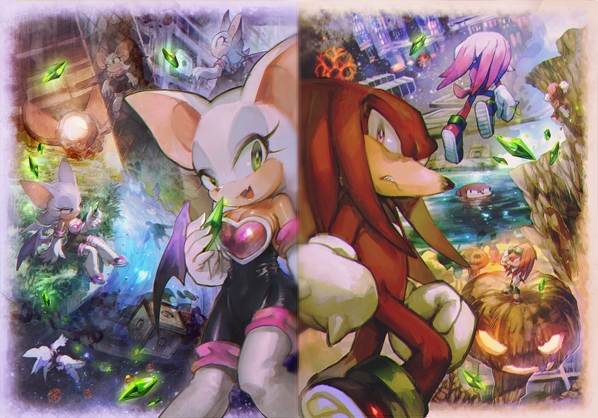 1girl animal_ears aoki_(fumomo) bat_ears bat_wings breasts cleavage commentary_request emerald eyelashes fangs gloves goggles goggles_on_head green_eyes knuckles_the_echidna looking_at_viewer medium_breasts mountain partially_submerged purple_eyes rouge_the_bat smile sonic_adventure_2 sonic_the_hedgehog spiked_knuckles water white_gloves wings