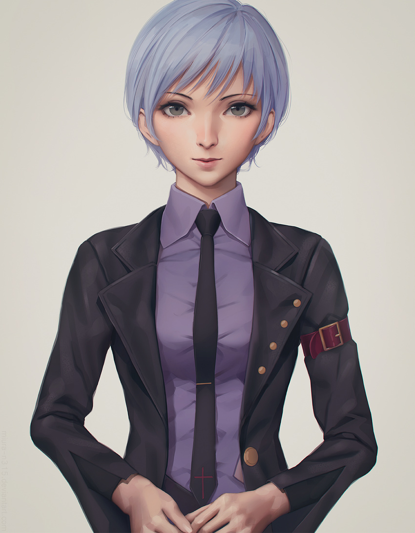 bangs black_jacket breasts brown_eyes closed_mouth collared_shirt grey_background highres jacket lips long_sleeves looking_at_viewer miura-n315 necktie open_clothes open_jacket own_hands_together purple_hair purple_shirt shirt short_hair simple_background small_breasts smile solo umineko_no_naku_koro_ni unbuttoned uniform upper_body ushiromiya_kyrie wing_collar
