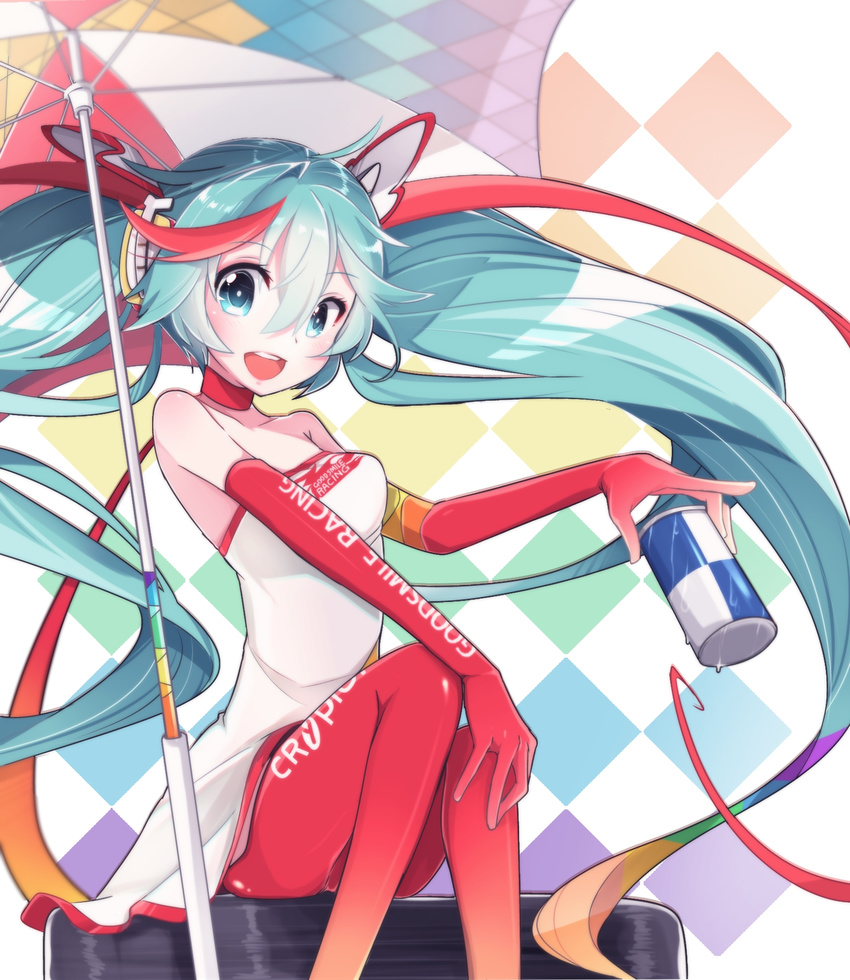 :d aqua_eyes aqua_hair bare_shoulders can checkered checkered_background chuuko_anpu commentary_request dress elbow_gloves eyebrows_visible_through_hair gloves goodsmile_company goodsmile_racing gradient_legwear hair_between_eyes hair_ornament hatsune_miku highres holding holding_can long_hair looking_at_viewer open_mouth orange_gloves orange_legwear pantyhose race_queen racing_miku racing_miku_(2016) revision round_teeth sitting smile solo strapless strapless_dress teeth twintails umbrella upper_teeth very_long_hair vocaloid white_dress