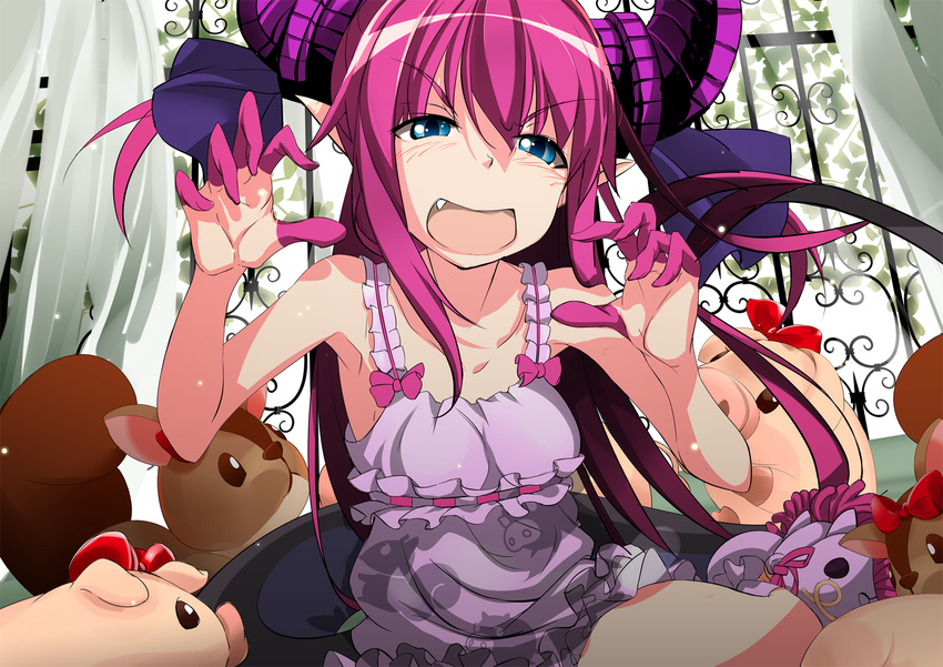 1girl armpits blue_eyes dragon_girl elizabeth_bathory_(fate) fang fate/extra_ccc fate/grand_order fate_(series) horns long_hair looking_at_viewer open_mouth pig pink_hair plushie pointy_ears squirrel stuffed_animal tagme toys