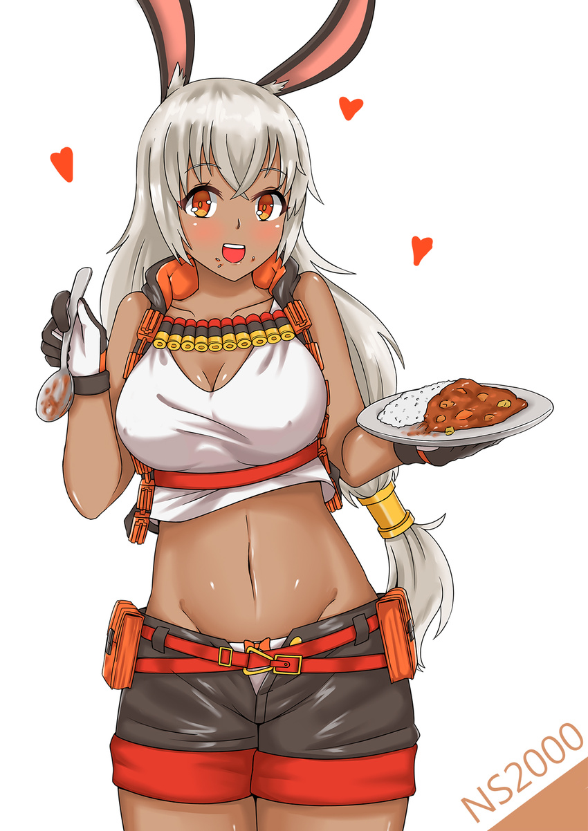 animal_ears bangs belt belt_buckle belt_pouch black_gloves black_shorts black_vest blush bow bow_panties breasts buckle bunny_ears character_name cleavage covered_nipples crop_top crop_top_overhang curry curry_rice dark_skin eyebrows_visible_through_hair floating_heart food food_on_face girls_frontline gloves hair_between_eyes hair_ornament heart hei_yan highres holding holding_food holding_plate holding_spoon large_breasts long_hair looking_at_viewer low_tied_hair midriff navel ns2000_(girls_frontline) open_mouth panties plate pouch red_eyes rice short_shorts shorts shotgun_shells simple_background smile solo spoon underwear vest