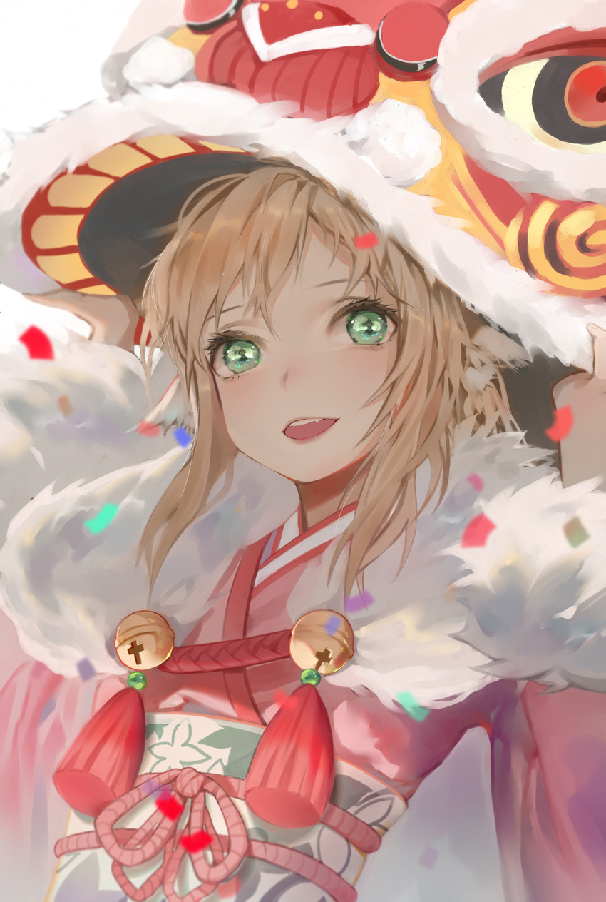 animal_ears bell blonde_hair chinese_clothes confetti fang fox_ears fur_trim green_eyes highres huyao_xiao_hongniang kiiran lion_dance long_hair open_mouth smile solo tushan_susu