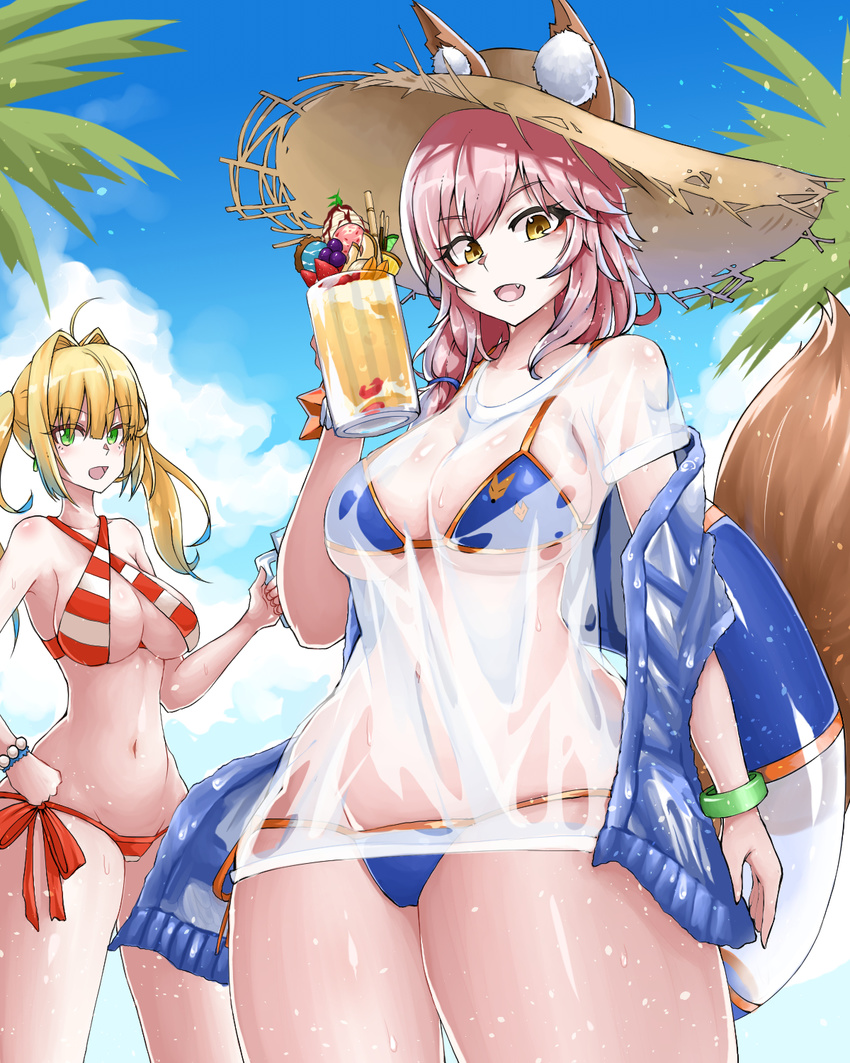 ahoge animal_ears bead_bracelet beads bikini bikini_under_clothes blonde_hair blue_bikini bracelet breasts cleavage collarbone covered_navel criss-cross_halter day ears_through_headwear eyebrows_visible_through_hair fang fate/extra fate/grand_order fate_(series) food fox_ears fox_tail fruit green_eyes groin hair_intakes halter_top halterneck hat highres innertube jewelry large_breasts looking_at_viewer looking_down multiple_girls navel nero_claudius_(fate)_(all) nero_claudius_(swimsuit_caster)_(fate) ocean open_mouth outdoors palm_tree pink_hair ppyumeuleulu red_bikini shirt side-tie_bikini straw_hat striped striped_bikini sun_hat swimsuit tail tamamo_(fate)_(all) tamamo_no_mae_(swimsuit_lancer)_(fate) tree twintails wet wet_clothes wet_shirt wet_t-shirt yellow_eyes