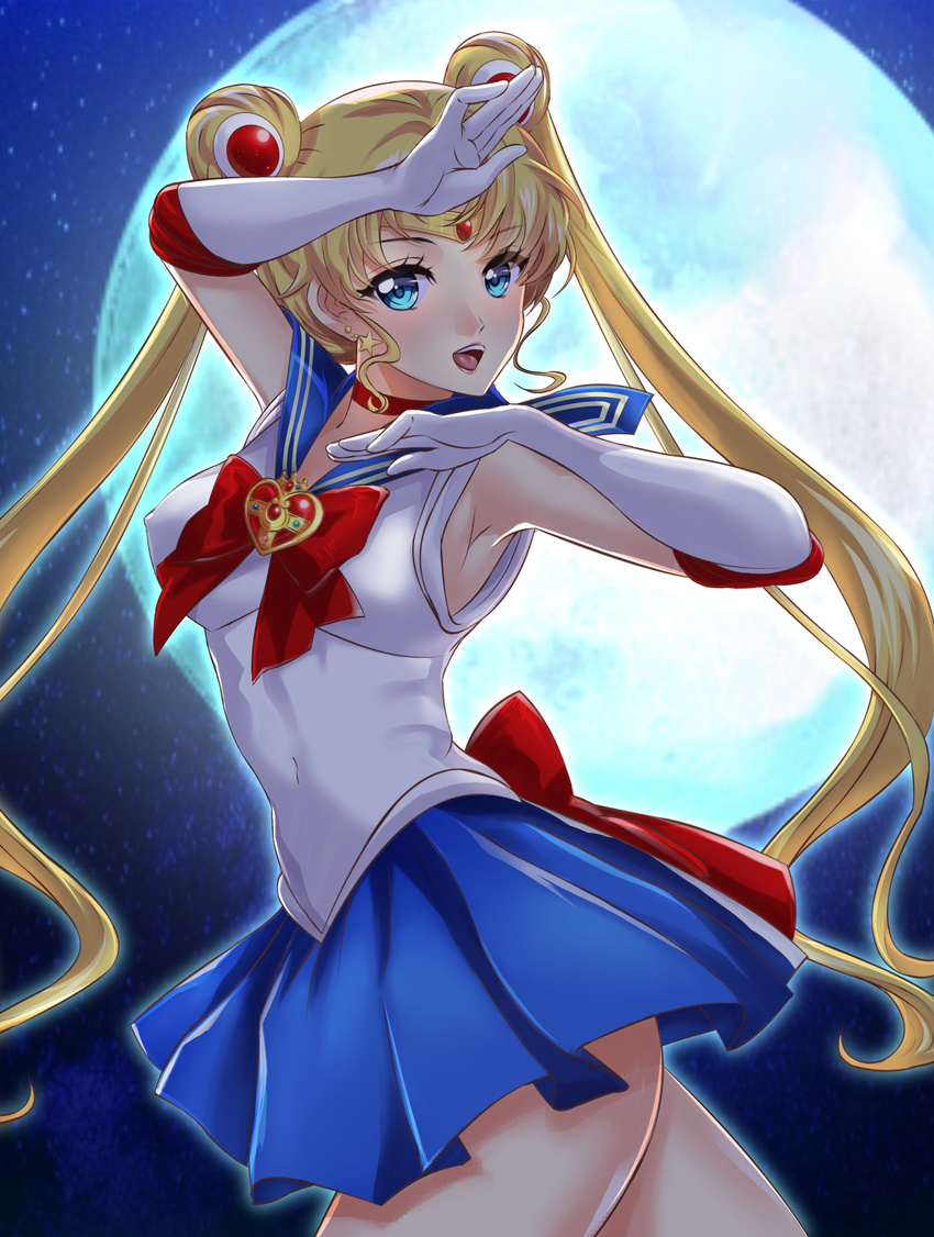 arion_canvas armpits arms_up bishoujo_senshi_sailor_moon blonde_hair blue_eyes blue_skirt breasts choker covered_navel covered_nipples earrings elbow_gloves full_moon gloves hair_ornament highres jewelry leotard long_hair magical_girl medium_breasts miniskirt moon night night_sky open_mouth pose sailor_moon sailor_senshi_uniform skirt sky smile solo star_(sky) tiara tsukino_usagi twintails white_gloves white_leotard
