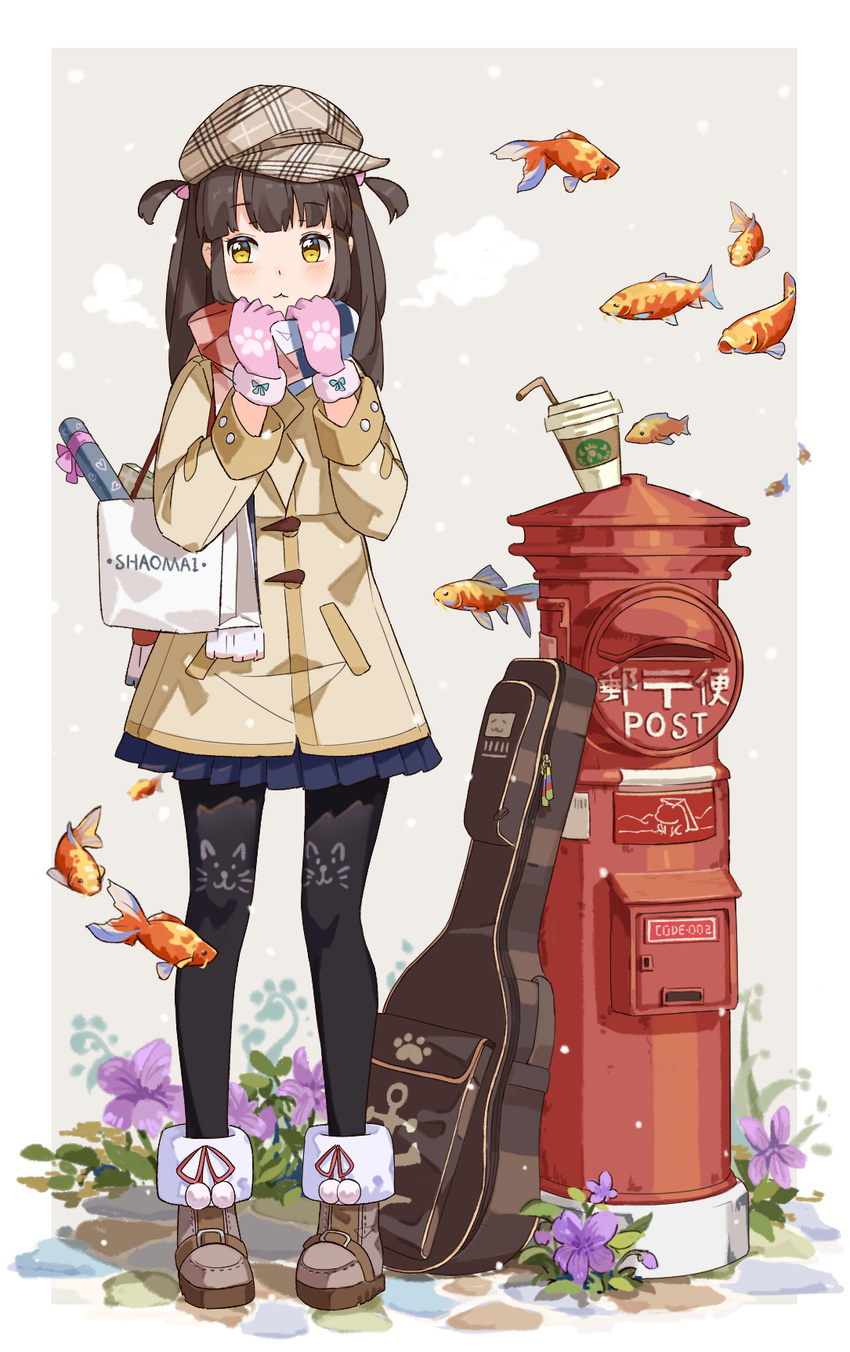 :d anchor_print animal_print ankle_boots bag bangs black_legwear blue_skirt blunt_bangs blush boots breath brown_coat brown_footwear brown_hat cabbie_hat cat_print closed_mouth coat cup drinking_straw eyebrows_visible_through_hair fish flower full_body gloves guitar_case hat heart highres instrument_case japanese_cylindrical_postbox long_hair long_sleeves looking_at_viewer miniskirt multicolored multicolored_clothes multicolored_scarf open_mouth original pantyhose paw_print pigeon-toed pink_gloves plaid plaid_hat pleated_skirt pom_pom_(clothes) postbox_(outgoing_mail) print_gloves print_legwear purple_flower scarf shopping_bag skirt smile solo standing tareme two_side_up yamano_(yamanoh) yellow_eyes