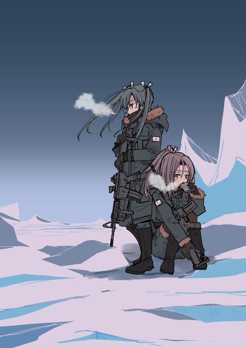 alternate_costume assault_rifle black_footwear blue_sky boots brown_eyes brown_gloves brown_hair brown_scarf coat combat_boots commentary_request covered_mouth fur-trimmed_coat fur_trim gloves green_coat green_hair gun hachimaki hair_ribbon headband high_ponytail highres holding holding_gun holding_weapon iceberg kantai_collection long_hair m4_carbine multiple_girls ponytail ribbon rifle sanpachishiki_(gyokusai-jima) scarf sitting sky twintails weapon white_ribbon zuihou_(kantai_collection) zuikaku_(kantai_collection)