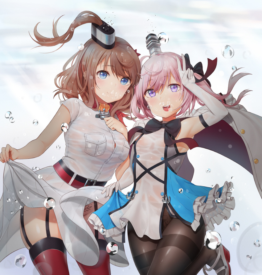agnamore azur_lane bare_shoulders belt black_bow black_legwear blue_eyes bow bowtie breast_pocket breasts brown_hair crossover dress dress_lift elbow_gloves eyebrows_visible_through_hair garter_straps gloves hair_between_eyes hair_ribbon halterneck hand_on_own_chest hand_up highres jacket kantai_collection large_breasts leaning_forward leg_up lifted_by_self long_hair looking_at_viewer multiple_girls namesake neckerchief no_panties off_shoulder pantyhose pink_hair pleated_dress pocket ponytail pubic_tattoo purple_eyes red_legwear red_neckwear ribbon saratoga_(azur_lane) saratoga_(kantai_collection) short_dress short_hair short_sleeves side_ponytail sidelocks skirt_hold sleeveless small_breasts standing stomach_tattoo tattoo thighband_pantyhose thighhighs twintails v water_drop white_dress white_gloves white_jacket