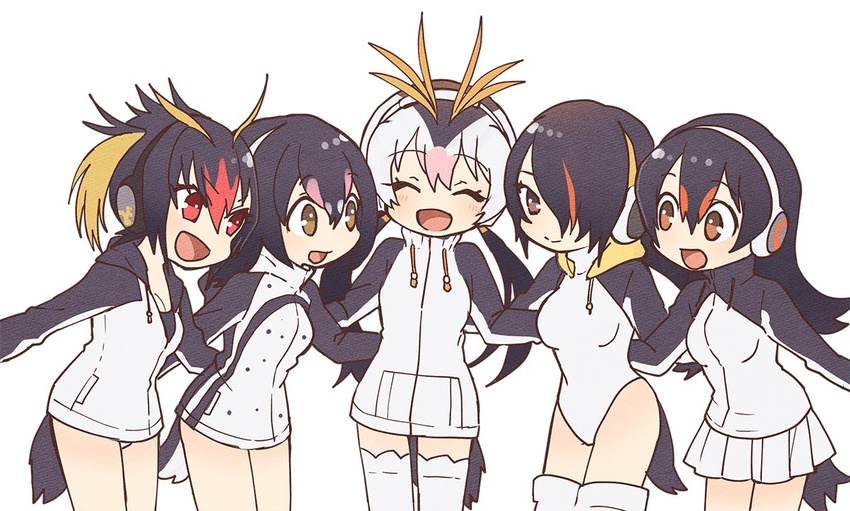 :d ^_^ black_hair black_jacket blonde_hair brown_eyes closed_eyes cowboy_shot doremifa_rondo_(vocaloid) drawstring emperor_penguin_(kemono_friends) eyebrows_visible_through_hair gentoo_penguin_(kemono_friends) hair_between_eyes hair_over_one_eye hand_on_another's_back headphones hood hoodie humboldt_penguin_(kemono_friends) jacket kemono_friends leotard long_hair looking_at_viewer low_twintails miniskirt multicolored multicolored_clothes multicolored_hair multicolored_jacket multiple_girls official_art open_mouth orange_hair penguin_tail penguins_performance_project_(kemono_friends) pink_hair pleated_skirt pocket red_eyes red_hair rockhopper_penguin_(kemono_friends) royal_penguin_(kemono_friends) simple_background skirt smile streaked_hair tail tama_(songe) thighhighs turtleneck twintails white_background white_hair white_jacket white_legwear white_skirt