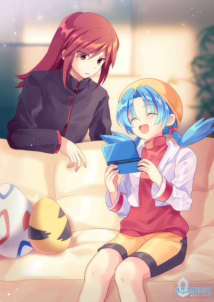 1girl :d ^_^ ^o^ backlighting bangs black_jacket blue_hair blurry blurry_background blush brown_eyes closed_eyes couch cropped_jacket crystal_(pokemon) depth_of_field egg eyebrows handheld_game_console hat highres holding indoors jacket long_hair long_sleeves low_twintails nintendo_3ds on_couch open_mouth parted_bangs playing_games pokemon pokemon_(game) pokemon_gsc red_hair red_shirt shiny shiny_hair shirt silver_(pokemon) smile t-inababa twintails twitter_username upper_body white_jacket yellow_hat yellow_shirt