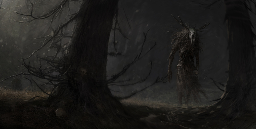 ambiguous_gender antlers branch dark_theme detailed_background forest grass gravestone horn humanoid looking_at_viewer monster nature outside skull solo standing stargrave the_witcher_3 tree