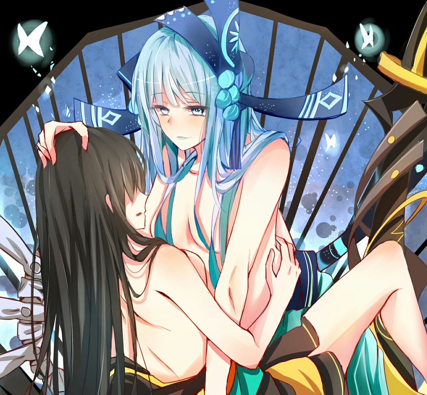 aoandon black_hair blue_eyes breasts hair_ornament hand_on_another's_head highres k_yan long_hair looking_at_another medium_breasts multiple_girls onmyoji very_long_hair youtouhime yuri