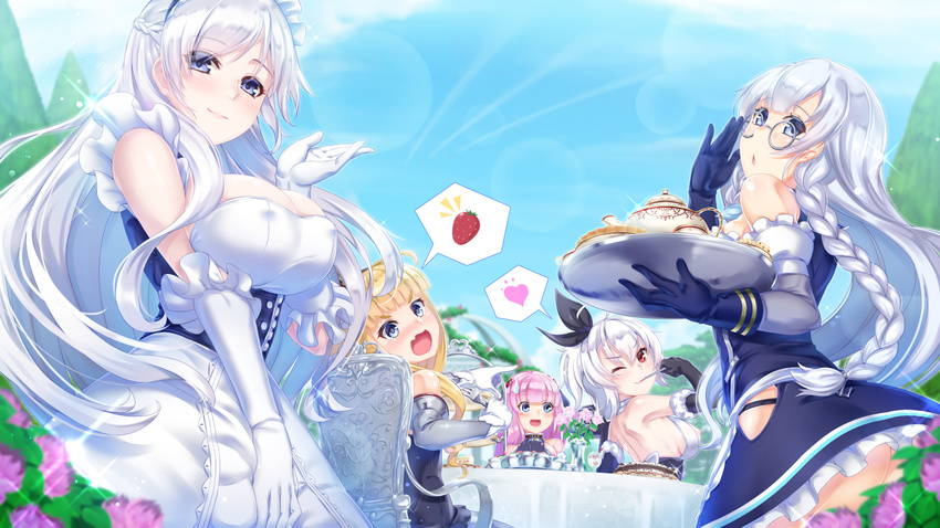 adjusting_eyewear azur_lane backless_outfit belfast_(azur_lane) blonde_hair blue_eyes braid breasts cleavage commentary condensation_trail covered_nipples cup day edinburgh_(azur_lane) elbow_gloves food fork fork_in_mouth fruit glasses gloves hair_ribbon heart highres hip_vent ken_ill kent_(azur_lane) large_breasts lens_flare looking_at_viewer maid maid_headdress medium_breasts multiple_girls one_eye_closed outdoors pink_hair pointing queen_elizabeth_(azur_lane) red_eyes ribbon sideboob silver_hair sky spoken_heart strawberry suffolk_(azur_lane) sweatdrop tea_party teacup teapot twin_braids vase