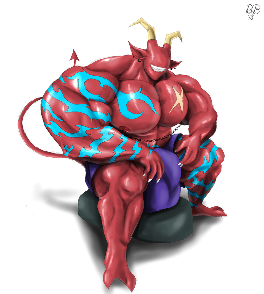 2018 abs anthro balls biceps big_muscles blazingblazen briefs bulge clothed clothing demon digital_media_(artwork) ear_piercing eyeless hyper hyper_muscles male muscular muscular_male nipple_piercing nipples noseless pecs piercing simple_background smile solo tattoo topless underwear white_background