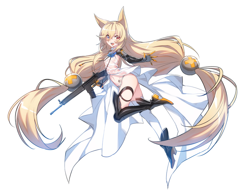 absurdly_long_hair animal_ears assault_rifle barcode barcode_tattoo black_footwear black_legwear blonde_hair blue_eyes boots dress elbow_gloves eyebrows_visible_through_hair fang flower from_side full_body g41_(girls_frontline) girls_frontline gloves gun h&amp;k_g41 hair_between_eyes heckler_&amp;_koch heterochromia high_heel_boots high_heels highres holding holding_gun holding_weapon leg_up long_hair looking_at_viewer low-tied_long_hair low_twintails mismatched_legwear navel open_mouth outstretched_arm panties red_eyes rifle see-through simple_background sleeveless sleeveless_dress solo supernew tattoo thigh_boots thigh_strap thighhighs trigger_discipline twintails underwear very_long_hair weapon white_background white_legwear white_panties