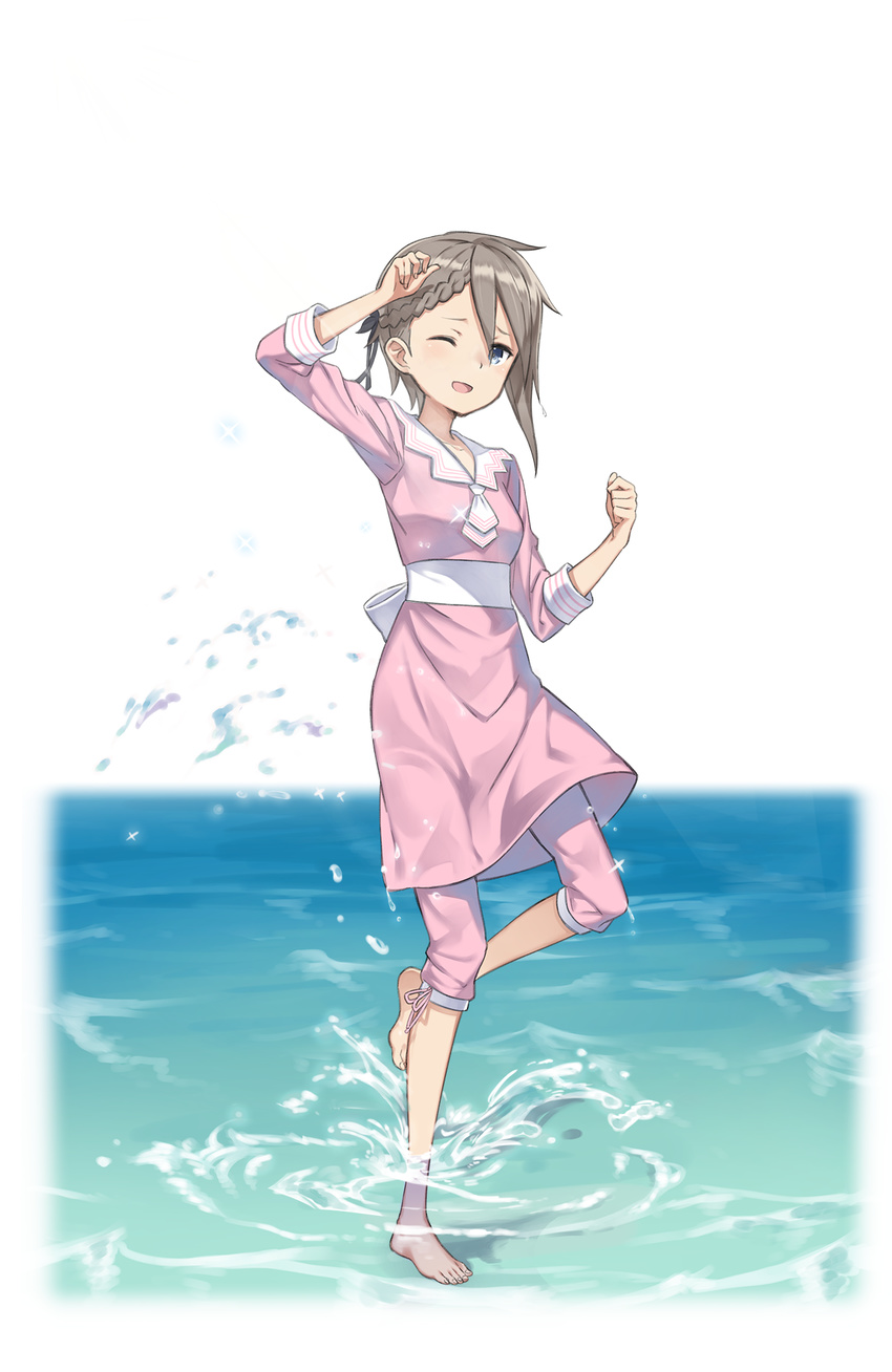 ;d ange_(princess_principal) barefoot blue_eyes braid full_body grey_hair hand_up hands_on_own_knees highres looking_at_viewer makaria official_art one_eye_closed open_mouth pink_skirt princess_principal princess_principal_game_of_mission short_hair skirt smile solo splashing standing standing_on_one_leg transparent_background wading water