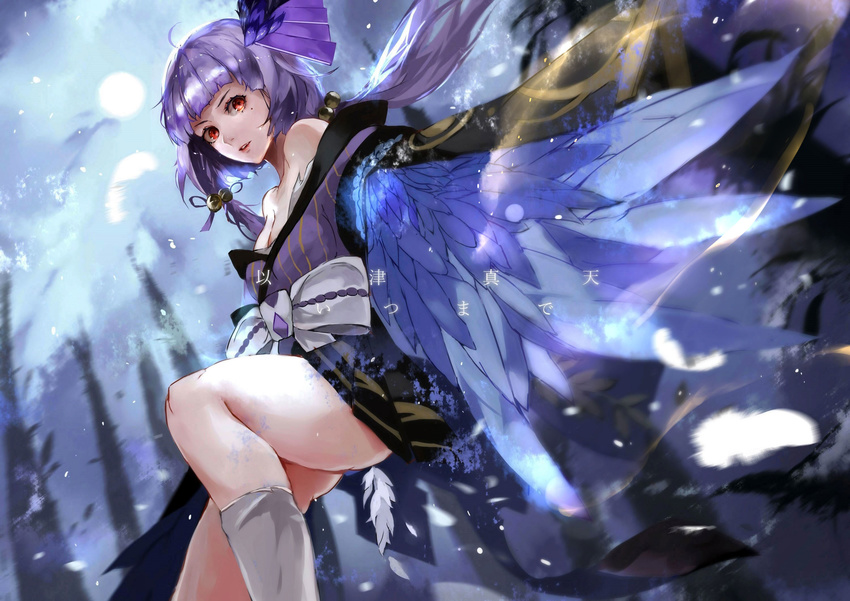 breasts cleavage feathered_wings feathers hair_ornament highres itsumade_(onmyoji) looking_at_viewer onmyoji purple_hair small_breasts solo vardan winged_arms wings