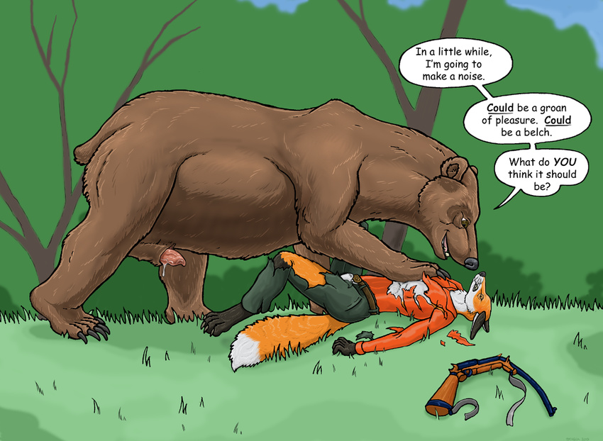 2013 alternate_version_at_source animal_genitalia anthro anthro_on_feral bear bestiality big_dom_small_sub canine clothing feral forced fox imminent_rape imminent_vore male male/male mammal penis precum ranged_weapon sheath size_difference strega torn_clothing vore weapon