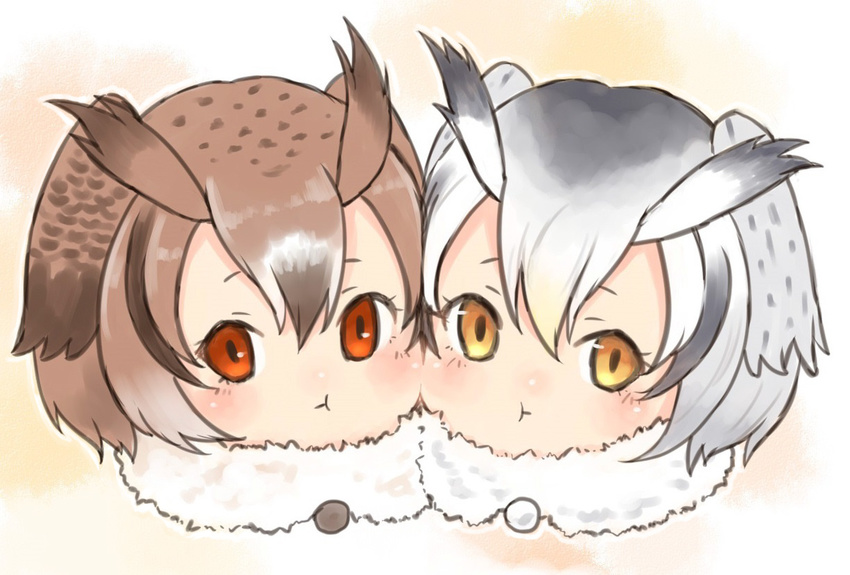 :t brown_hair cheek-to-cheek eurasian_eagle_owl_(kemono_friends) fur_collar grey_hair hair_between_eyes head_wings kemono_friends looking_at_viewer multicolored_hair multiple_girls northern_white-faced_owl_(kemono_friends) orange_eyes sarada_doraivu short_hair simple_background white_hair