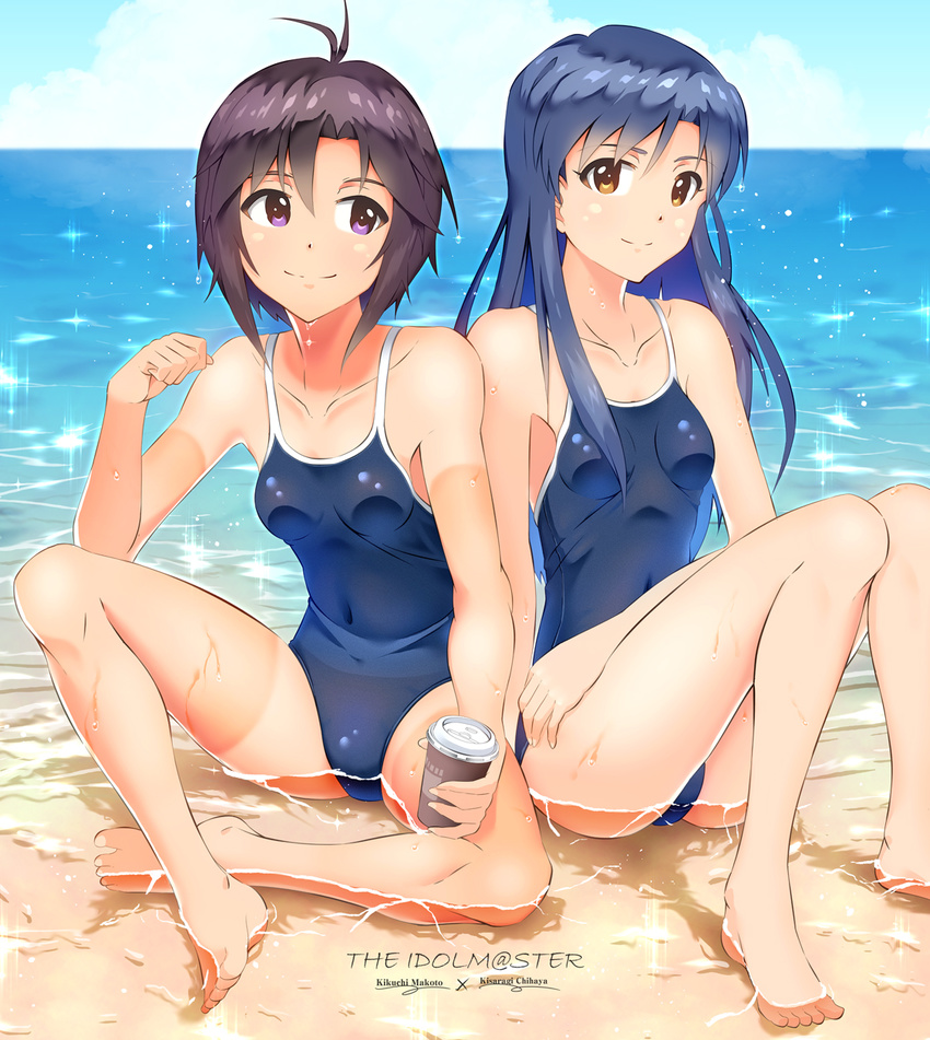 antenna_hair beach black_hair blue_hair blue_sky blue_swimsuit breasts brown_eyes character_name coffee_cup competition_school_swimsuit copyright_name covered_navel cup day disposable_cup highres horizon idolmaster idolmaster_(classic) kikuchi_makoto kisaragi_chihaya long_hair multiple_girls ns.x ocean one-piece_swimsuit outdoors partially_submerged purple_eyes school_swimsuit short_hair sitting sky small_breasts smile swimsuit tumbler water