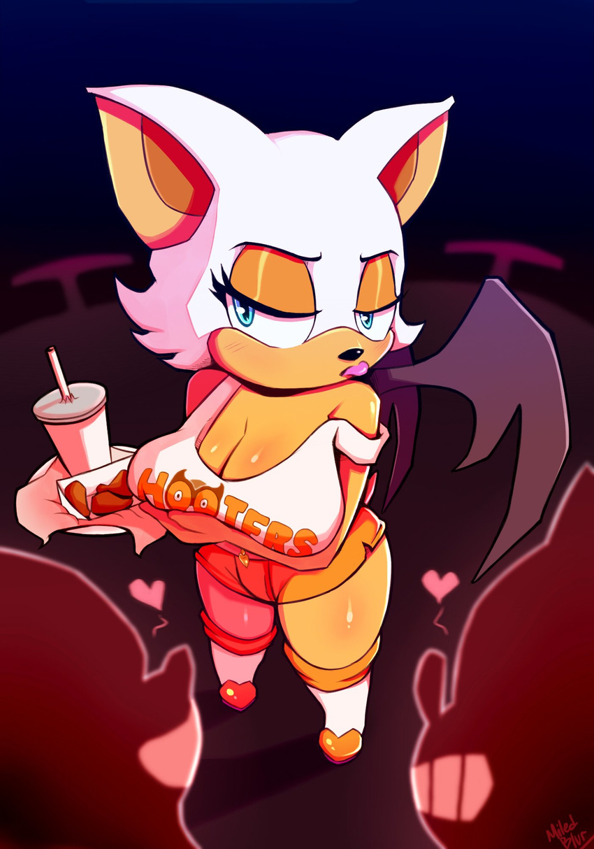 &lt;3 2018 anthro arm_under_breasts bat beverage big_breasts black_nose blue_eyes breasts cleavage clothed clothing eyelashes fast_food female footwear hair hi_res hooters legwear lipstick makeup mammal membranous_wings pouting rouge_the_bat shoes signature sonic_(series) white_hair wildblur wings