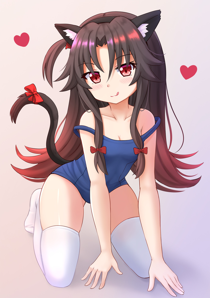 :q all_fours animal_ears bangs bare_shoulders black_hair blue_swimsuit blush bow breasts brown_hair cat_ears cat_tail cleavage collarbone commentary eyebrows_visible_through_hair fake_animal_ears gradient_hair hair_between_eyes hair_bow head_tilt heart highres kazenokaze long_hair looking_at_viewer multicolored_hair no_shoes one-piece_swimsuit one_side_up red_bow red_eyes red_hair ryuuou_no_oshigoto! school_swimsuit skindentation small_breasts smile solo strap_slip swimsuit tail tail_bow tail_raised thighhighs tongue tongue_out white_legwear yashajin_ai