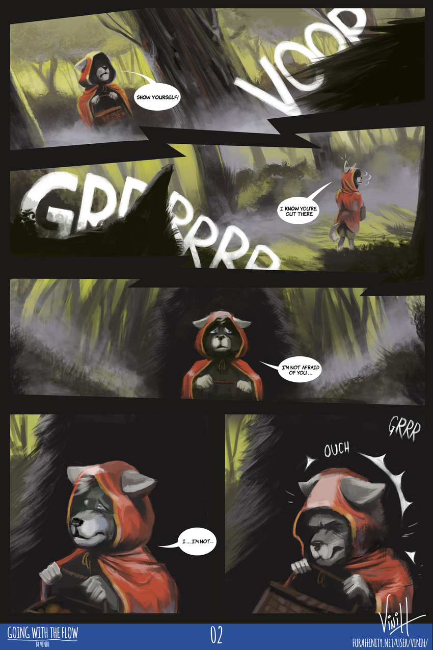 allyson canine comic digital_media_(artwork) female forest hiding little_red_riding_hood little_red_riding_hood_(copyright) male male/female mammal mist painting reinold tree vinih wolf