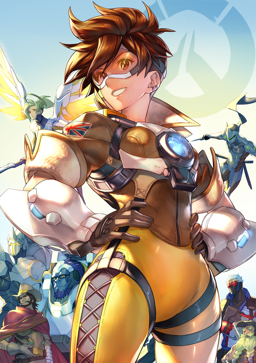 6+boys armor beard blonde_hair bodysuit braided_beard breastplate brown_eyes brown_gloves brown_hair cape cowboy_hat cowboy_shot face_mask facial_hair flying full_armor genji_(overwatch) gloves goggles gorilla grin halo hands_on_hips hat helmet highres holding holding_sword holding_weapon kotatsu_(g-rough) looking_at_viewer mask mccree_(overwatch) mechanical_wings mercy_(overwatch) multiple_boys multiple_girls mustache overwatch overwatch_(logo) ponytail red_cape reinhardt_(overwatch) silver_hair smile soldier:_76_(overwatch) solo_focus spread_wings standing sword torbjorn_(overwatch) tracer_(overwatch) union_jack weapon wings winston_(overwatch)
