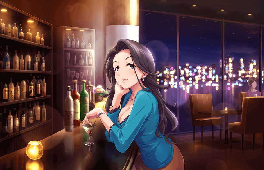 artist_request black_hair bottle breasts brown_skirt cleavage cup earrings faceless faceless_female flower highres idolmaster idolmaster_cinderella_girls idolmaster_cinderella_girls_starlight_stage jewelry large_breasts lips long_hair necklace official_art pub purple_eyes rose skirt takahashi_reiko very_long_hair watch wristwatch