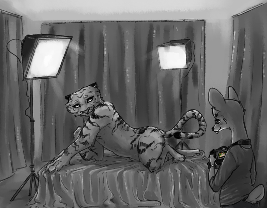 2018 anthro artemis_(nobby) bed camera clothed clothing disney duo feline female male mammal musk_deer nobby_(artist) nude pose sydney_(nobby) tiger zootopia