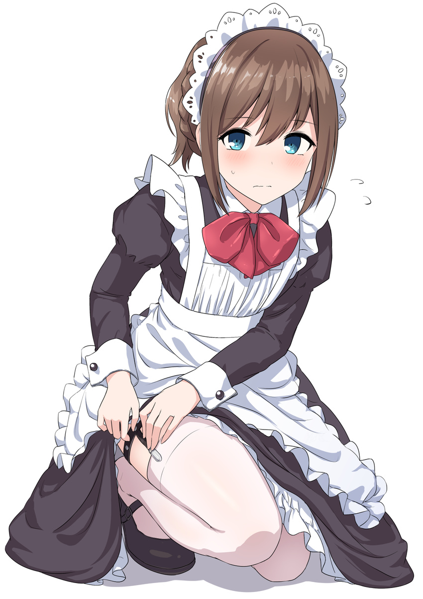 apron bangs banned_artist black_dress blue_eyes blush braid brown_hair closed_mouth commentary_request crown_braid dress eyebrows_visible_through_hair flying_sweatdrops frilled_apron frills frown full_body garter_straps highres juliet_sleeves kneeling light_frown long_sleeves looking_at_viewer maid maid_apron maid_headdress mary_janes minagiku original puffy_sleeves shoes sidelocks simple_background solo thighhighs white_background white_legwear