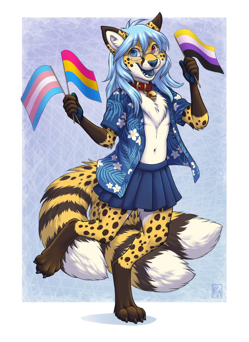 anthro bell blue_hair canine cheetah chest_tuft clothed clothing collar crossdressing digitigrade eyewear feline flags fox girly glasses hair hawaiian_shirt heterochromia holding_object hybrid kacey long_hair male mammal multi_tail neko_ed nonbinary nonbinary_flag open_shirt pansexual_flag pride_flags shirt simple_background skirt smile trans_flag tuft