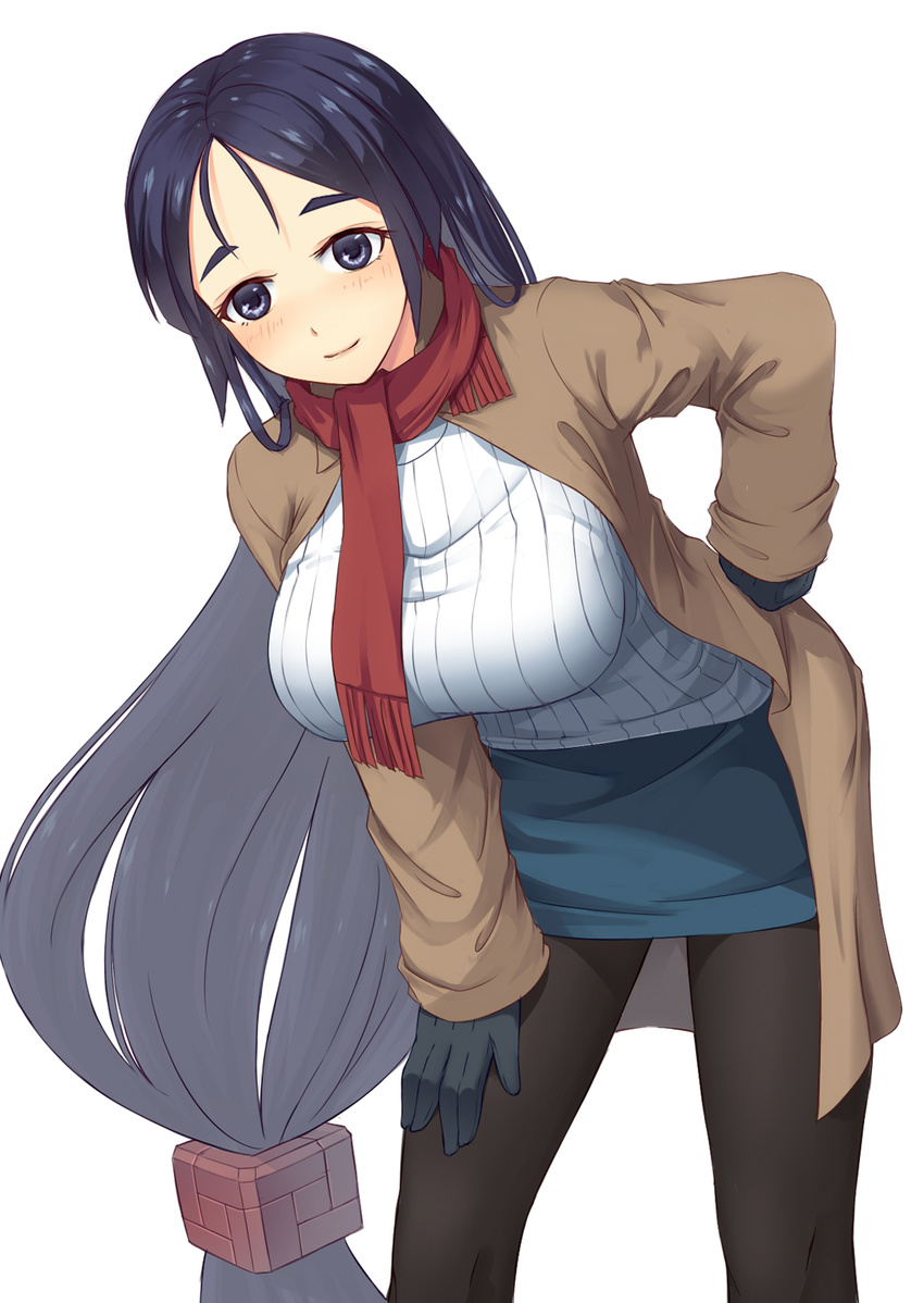 bangs black_eyes black_gloves black_hair black_legwear blue_skirt breasts brown_coat casual closed_mouth coat fate/grand_order fate_(series) forehead fringe_trim gloves hand_on_hip hand_on_own_thigh hanging_breasts highres large_breasts leaning_forward legs_apart long_hair long_sleeves looking_at_viewer low-tied_long_hair minamoto_no_raikou_(fate/grand_order) open_clothes open_coat pantyhose parted_bangs red_scarf scarf simple_background skirt smile solo srwsrx_(gp03dsrx) standing sweater very_long_hair white_background white_sweater